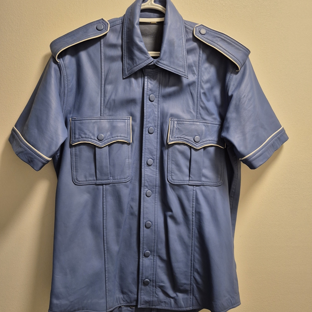 Leather  Blue Short Sleeve Shirt Jacket " DICOUNTED " - Picture 1 of 16